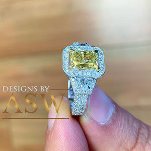 Large 3.50 Carats 14k Solid White and Yellow Gold Radiant Cut Simulated Diamond and Fancy Yellow Diamonds Engagement Ring Halo