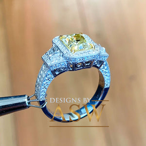 Large 3.50 Carats 14k Solid White and Yellow Gold Radiant Cut Simulated Diamond and Fancy Yellow Diamonds Engagement Ring Halo