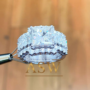 Heavy Huge 14k solid white gold princess, emerald baguettes and round cut forever one moissanite engagement ring and two bands halo 4.80ctw