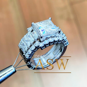Heavy Huge 14k solid white gold princess, emerald baguettes and round cut forever one moissanite engagement ring and two bands halo 4.80ctw