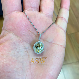 14k White Gold Oval Cut Fancy Yellow And Round Cut Diamonds Pendent Necklace Art Deco Antique Style Halo Bridal Gift Chain Wedding 5.20ctw