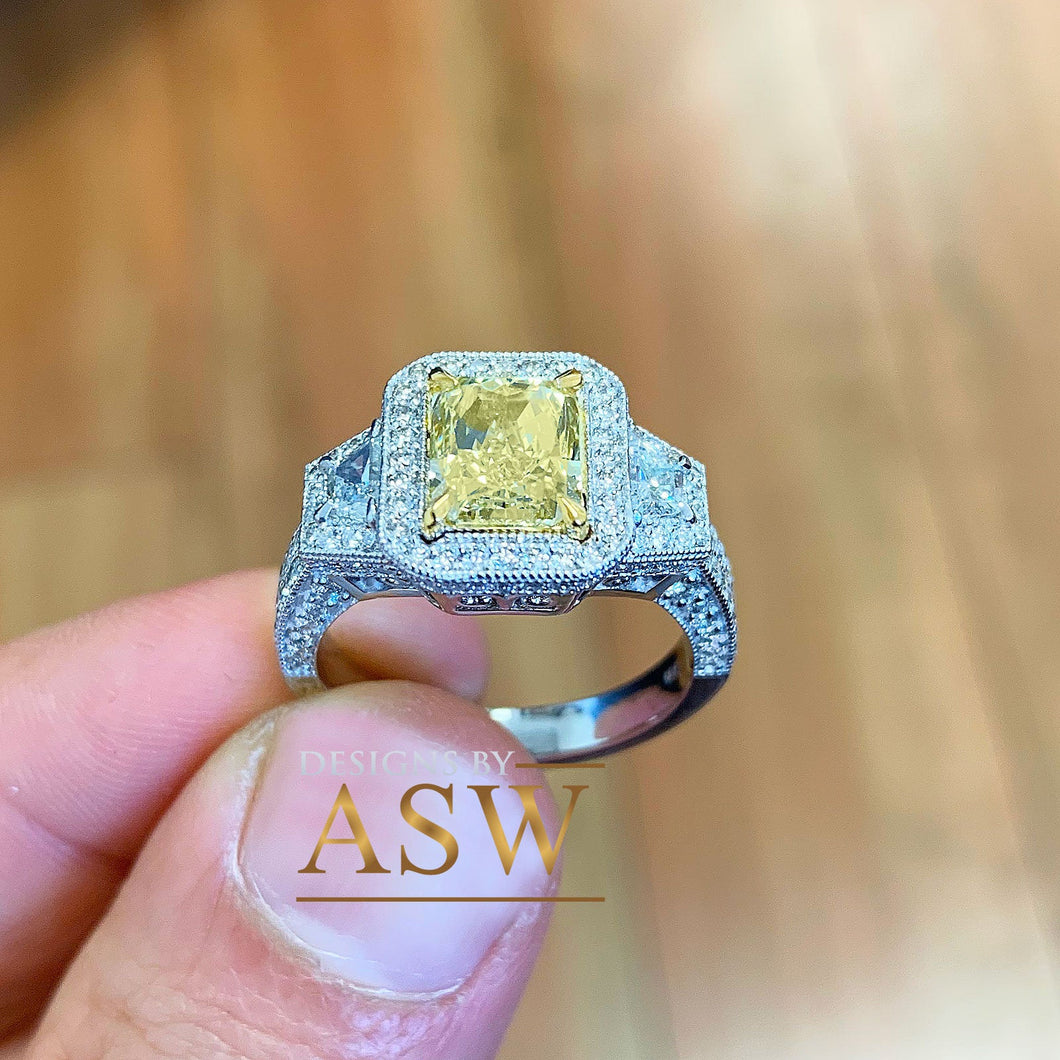 Large 3.50 Carats 14k Solid White and Yellow Gold Radiant Cut Simulated Diamond and Fancy Yellow Diamonds Engagement Ring Halo