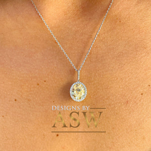 14k White Gold Oval Cut Fancy Yellow And Round Cut Natural Diamonds Pendent Necklace Antique Style Halo Bridal Gift Chain Wedding 5.20ctw