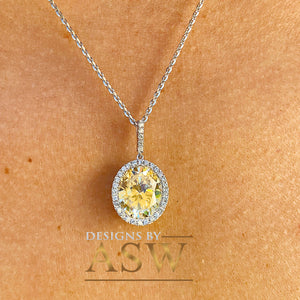 14k White Gold Oval Cut Fancy Yellow And Round Cut Natural Diamonds Pendent Necklace Antique Style Halo Bridal Gift Chain Wedding 5.20ctw