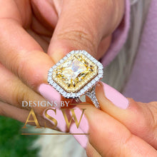 Load image into Gallery viewer, Large 6.00 Carats 14k Solid White and Yellow Gold Radiant Cut Simulated Diamond and Light Fancy Yellow Diamonds Engagement Ring Double Halo

