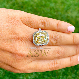 Large 6.00 Carats 14k Solid White and Yellow Gold Radiant Cut Simulated Diamond and Light Fancy Yellow Diamonds Engagement Ring Double Halo