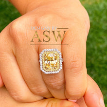 Load image into Gallery viewer, Large 6.00 Carats 14k Solid White and Yellow Gold Radiant Cut Simulated Diamond and Light Fancy Yellow Diamonds Engagement Ring Double Halo

