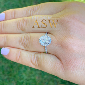 14K White Gold Oval Cut Moissanite And Round Cut Natural Diamonds Engagement Ring Deco, Halo, Bridal, Wedding, Anniversary, Propose 2.00ctw