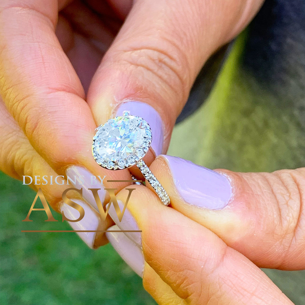 14K White Gold Oval Cut Moissanite And Round Cut Natural Diamonds Engagement Ring Deco, Halo, Bridal, Wedding, Anniversary, Propose 2.00ctw