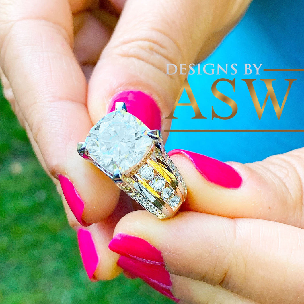 HUGE 6.50Ctw Heavy 14k Solid White Rose Gold Cushion Cut Moissanite and Natural Diamond Engagement Ring, Bridal, Wedding, Promise, Propose