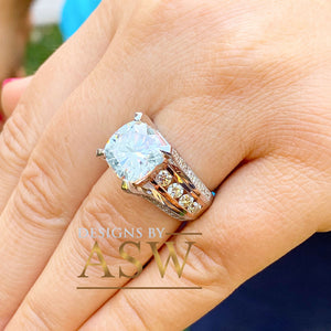 HUGE 6.50Ctw Heavy 14k Solid White Rose Gold Cushion Cut Moissanite and Natural Diamond Engagement Ring, Bridal, Wedding, Promise, Propose