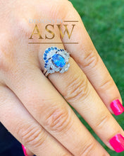 Load image into Gallery viewer, 14k solid white gold round cut blue sapphire and diamonds engagement ring and band halo, deco, bridal, wedding, anniversary, propose  2.50ct
