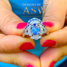 Load image into Gallery viewer, 14k solid white gold round cut blue sapphire and diamonds engagement ring and band halo, deco, bridal, wedding, anniversary, propose  2.50ct
