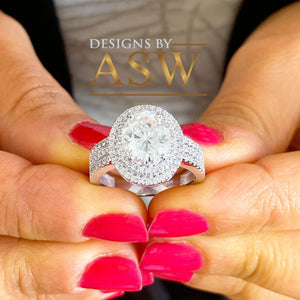 14k White Gold Oval and Round Cut Moissanite and Natural Diamond Engagement Ring Double Halo Triple Shank Design 2.65ctw