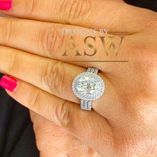 Load image into Gallery viewer, 14k White Gold Oval and Round Cut Moissanite and Natural Diamond Engagement Ring Double Halo Triple Shank Design 2.65ctw

