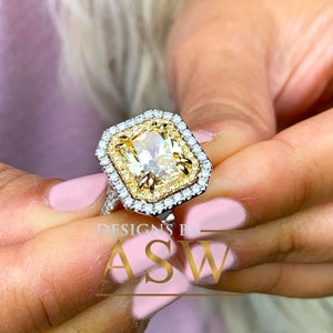 Large 6.00 Carats 14k Solid White and Yellow Gold Radiant Cut Simulated Diamond and Light Fancy Yellow Diamonds Engagement Ring Double Halo