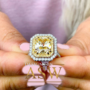 Large 6.00 Carats 14k Solid White and Yellow Gold Radiant Cut Simulated Diamond and Light Fancy Yellow Diamonds Engagement Ring Double Halo