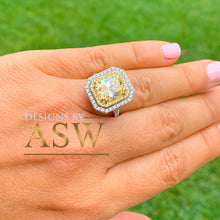 Load image into Gallery viewer, Large 6.00 Carats 14k Solid White and Yellow Gold Radiant Cut Simulated Diamond and Light Fancy Yellow Diamonds Engagement Ring Double Halo
