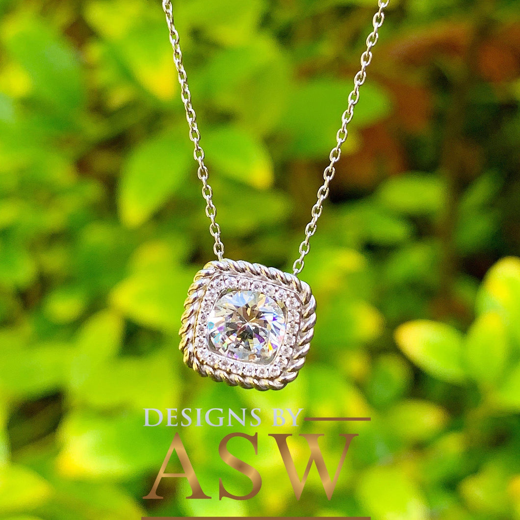 14k solid white gold round cut moissanite and natural round cut diamonds pendent and chain bridal wedding anniversary filigree 1.15ctw