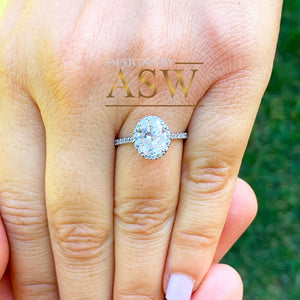 14K White Gold Oval Cut Moissanite And Round Cut Natural Diamonds Engagement Ring Deco, Halo, Bridal, Wedding, Anniversary, Propose 2.00ctw