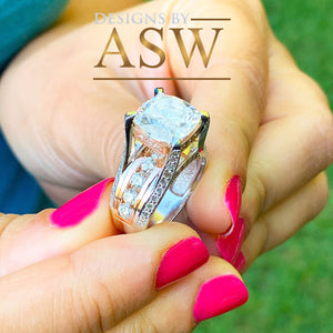 AMAZING 6.50Ct Heavy 14k Solid White Rose Gold Cushion Cut Moissanite and Natural Diamond Engagement Ring, Bridal, Wedding, Promise, Propose
