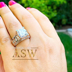 HUGE 6.50Ctw Heavy 14k Solid White Rose Gold Cushion Cut Moissanite and Natural Diamond Engagement Ring, Bridal, Wedding, Promise, Propose