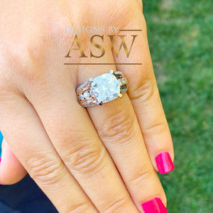 HUGE 6.50Ctw Heavy 14k Solid White Rose Gold Cushion Cut Moissanite and Natural Diamond Engagement Ring, Bridal, Wedding, Promise, Propose