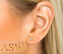 Load image into Gallery viewer, 14K Solid White Or Yellow Or Rose Gold One Initial Set With Round Cut Diamonds, Earrings, Custom Made, Beautiful and Dainty 0.08ctw
