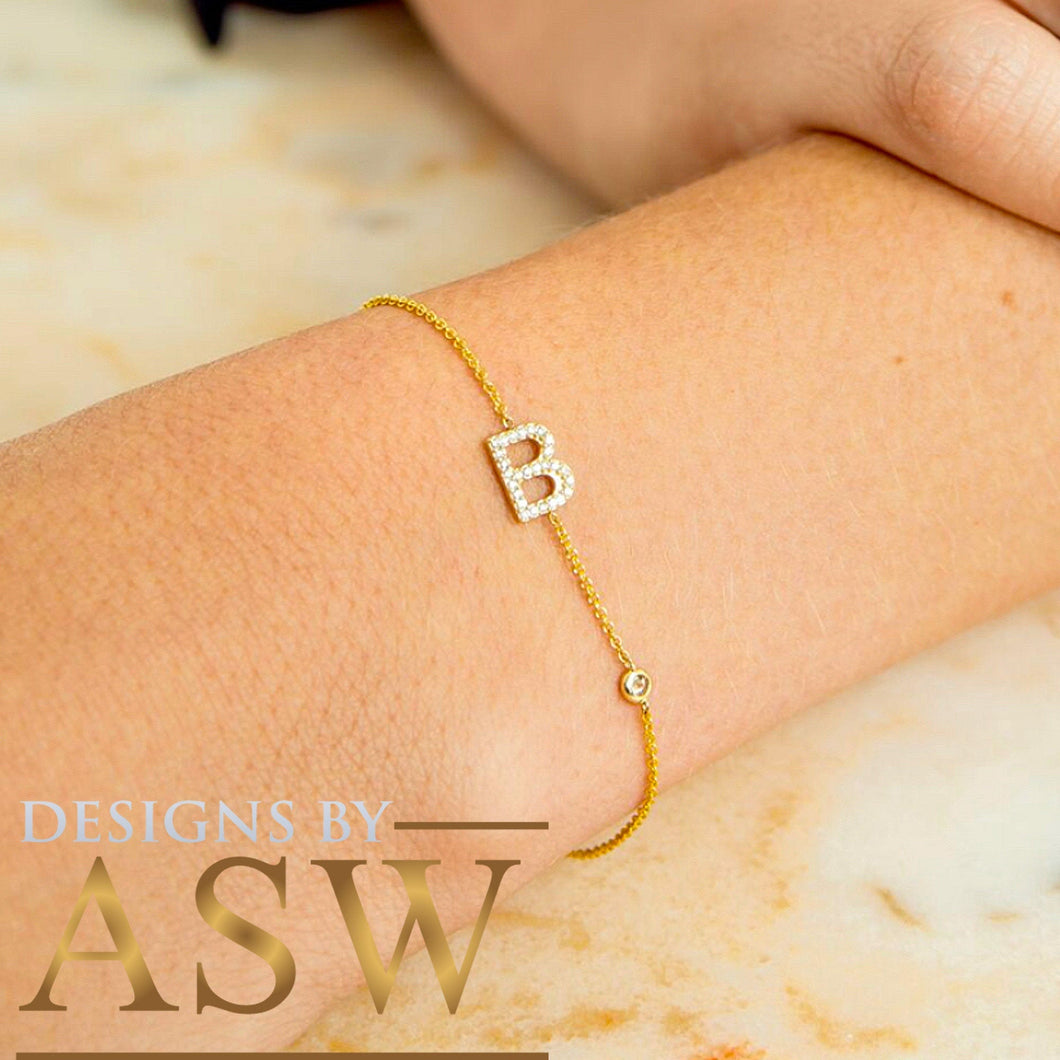 14K Solid White Or Yellow Or Rose Gold Multi Natural Diamonds Initials 0.10ctw And Bezel Set Natural Diamond 0.06ct Bracelet