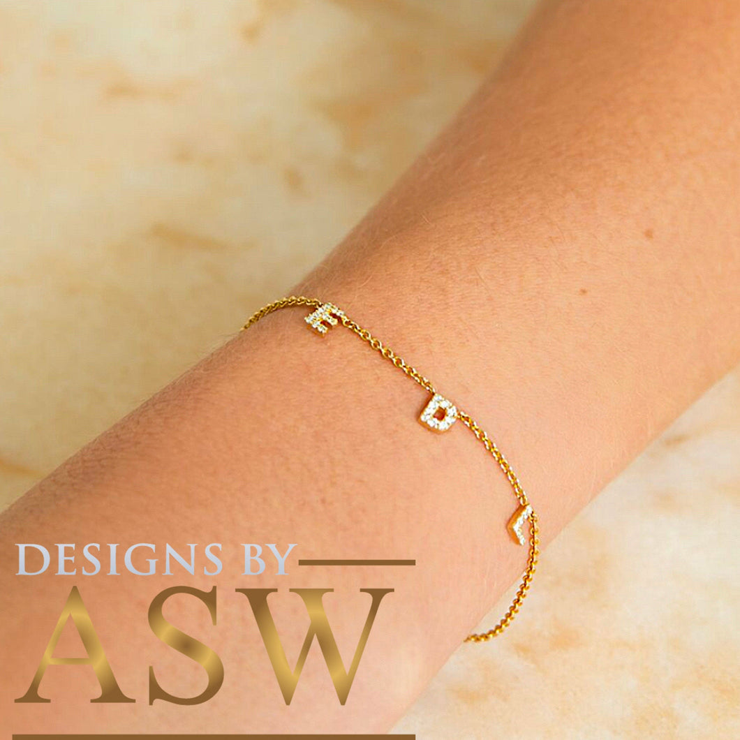 14K Solid White Or Yellow Or Rose Gold Multi Natural Diamonds Initials 0.10ctw Each, Womens Bracelet Beautiful And Dainty