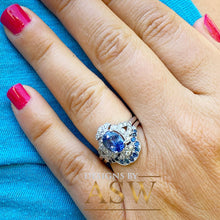 Load image into Gallery viewer, 14k solid white gold round cut blue sapphire and diamonds engagement ring and band halo, deco, bridal, wedding, anniversary, propose  2.50ct
