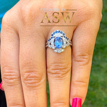 Load image into Gallery viewer, 14k solid white gold round cut blue sapphire and diamonds engagement ring and band halo, deco, bridal, wedding, anniversary, propose  2.50ct
