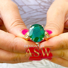 Load image into Gallery viewer, 14k Solid Yellow Gold Oval Cut Emerald Simulated And Fancy Yellow Pear Shape Cut Simulated Diamonds Design Ring Bridal Wedding 6.00ctw
