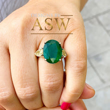 Load image into Gallery viewer, 14k Solid Yellow Gold Oval Cut Emerald Simulated And Fancy Yellow Pear Shape Cut Simulated Diamonds Design Ring Bridal Wedding 6.00ctw
