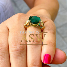 Load image into Gallery viewer, 14k Solid Yellow Gold Oval Cut Emerald Simulated And Fancy Yellow Pear Shape Cut Simulated Diamonds Design Ring Bridal Wedding 6.00ctw
