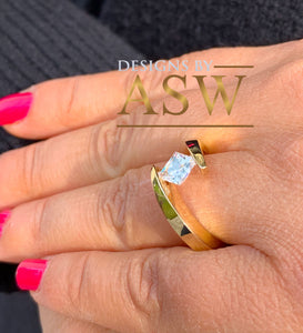 Beautiful 14K Solid Yellow Gold Princess Cut Natural Diamond Engagement Ring Bridal, Wedding, Anniversary, Tension Set Solitaire 0.75ct