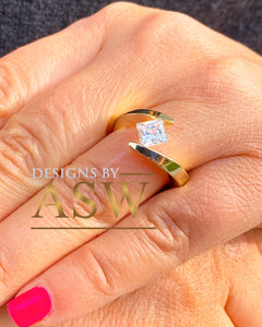Beautiful 14K Solid Yellow Gold Princess Cut Natural Diamond Engagement Ring Bridal, Wedding, Anniversary, Tension Set Solitaire 0.75ct
