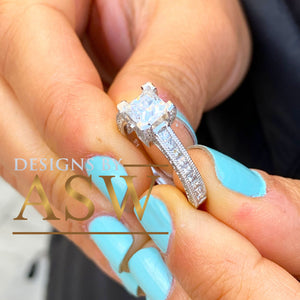 Beautiful 14K Solid White Gold Princess Cut Moissanite And Round Cut Natural Diamond Engagement Ring Bridal Filigree Antique Style 1.80ctw