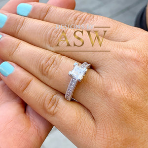 Beautiful 14K Solid White Gold Princess Cut Moissanite And Round Cut Natural Diamond Engagement Ring Bridal Filigree Antique Style 1.80ctw