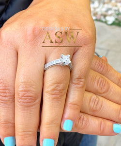 Beautiful 14K Solid White Gold Princess Cut Moissanite And Round Cut Natural Diamond Engagement Ring Bridal Filigree Antique Style 1.80ctw