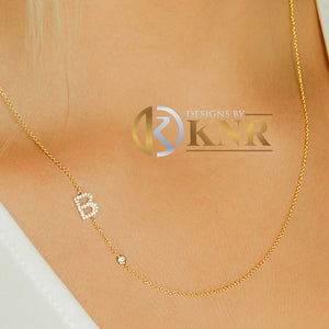 14K Solid White Or Yellow Or Rose Gold Multi Natural Diamonds Initials 0.10ctw And Bezel Set Natural Diamond 0.06ct Necklace