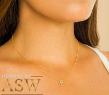 Load image into Gallery viewer, 14K Solid White Or Yellow Or Rose Gold One Initial Set With Round Cut Diamonds, Necklace, Custom Made, Beautiful and Dainty 0.10ctw
