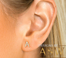 Load image into Gallery viewer, 14K Solid White Or Yellow Or Rose Gold One Initial Set With Round Cut Diamonds, Earrings, Custom Made, Beautiful and Dainty 0.08ctw
