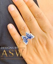 Load image into Gallery viewer, Butterfly Style Ring, Round and Pear Shape, White Gold Rhodium Solid Sterling Silver .925 and 3.00ctw Simulated Diamonds and Sapphires
