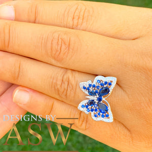 Butterfly Style Ring, Round and Pear Shape, White Gold Rhodium Solid Sterling Silver .925 and 3.00ctw Simulated Diamonds and Sapphires