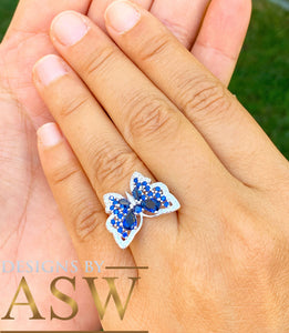 Butterfly Style Ring, Round and Pear Shape, White Gold Rhodium Solid Sterling Silver .925 and 3.00ctw Simulated Diamonds and Sapphires