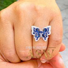 Load image into Gallery viewer, Butterfly Style Ring, Round and Pear Shape, White Gold Rhodium Solid Sterling Silver .925 and 3.00ctw Simulated Diamonds and Sapphires
