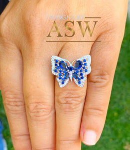 Butterfly Style Ring, Round and Pear Shape, White Gold Rhodium Solid Sterling Silver .925 and 3.00ctw Simulated Diamonds and Sapphires