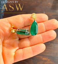 Load image into Gallery viewer, Huge and stunning 14k white and yellow gold pear shape emerald and pear and round cut  simulated diamonds earrings dangling 21.50ctw
