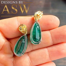 Load image into Gallery viewer, Huge and stunning 14k white and yellow gold pear shape emerald and pear and round cut  simulated diamonds earrings dangling 21.50ctw
